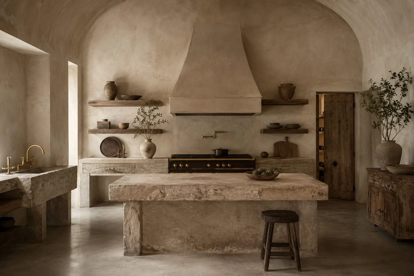 Open kitchen with stone and timber finishes
