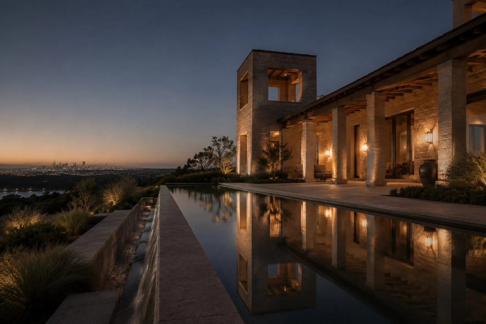 Reflecting pool along the rear of the estate