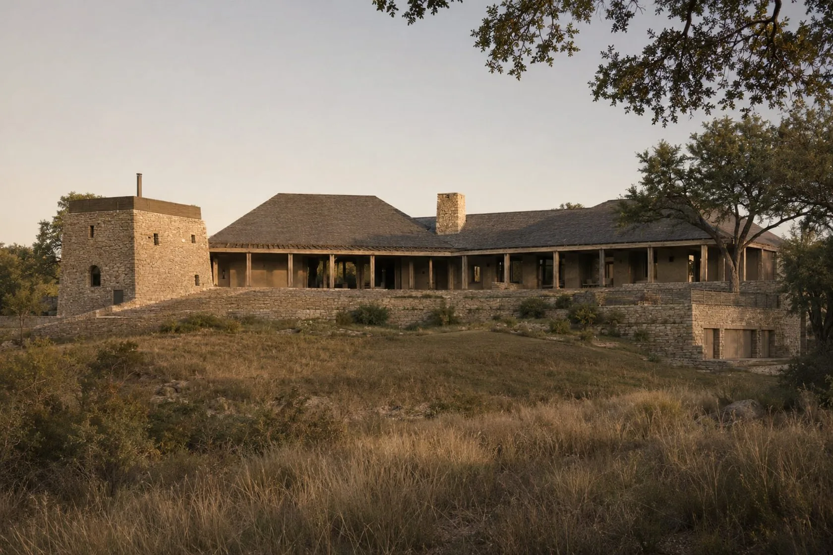 South façade of the conceptual estate, resolving from study to photorealistic view